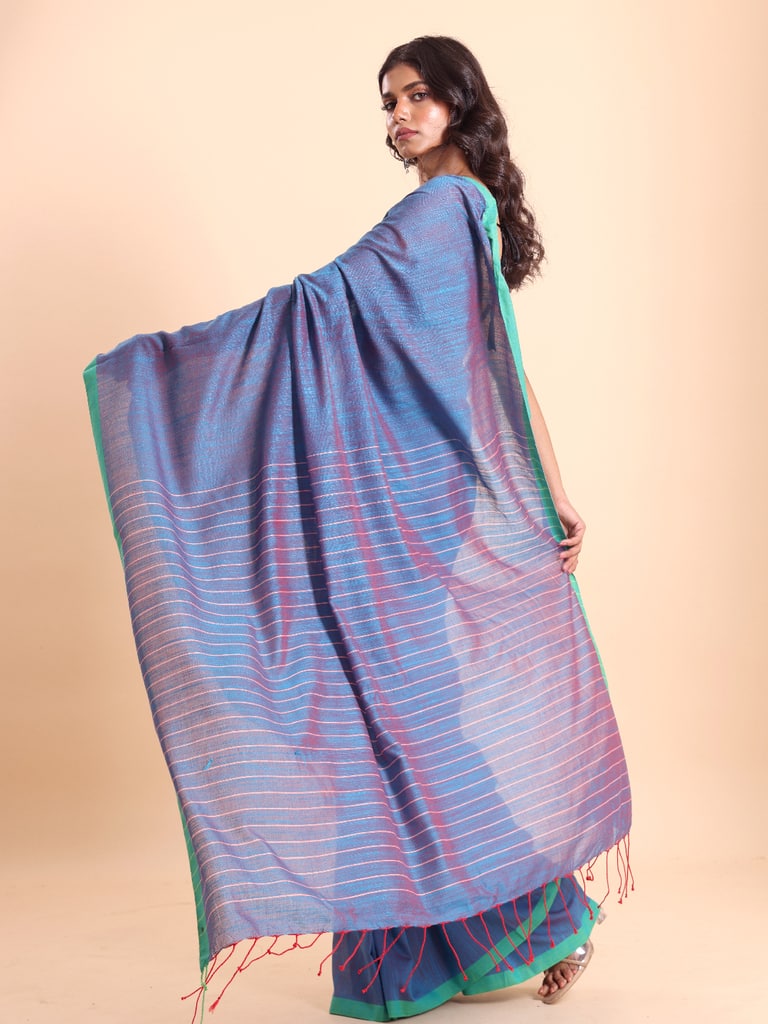 Handloom Anchal Stripe Body Plain Saree - Dupian Blue - View 1