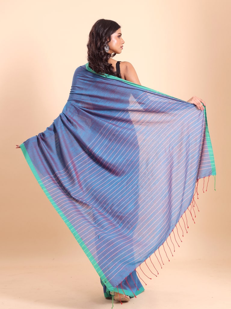 Handloom Anchal Stripe Body Plain Saree - Dupian Blue - Thumbnail 4