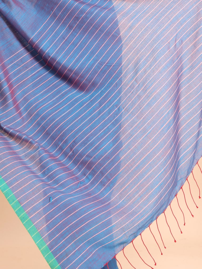 Handloom Anchal Stripe Body Plain Saree - Dupian Blue - Thumbnail 5