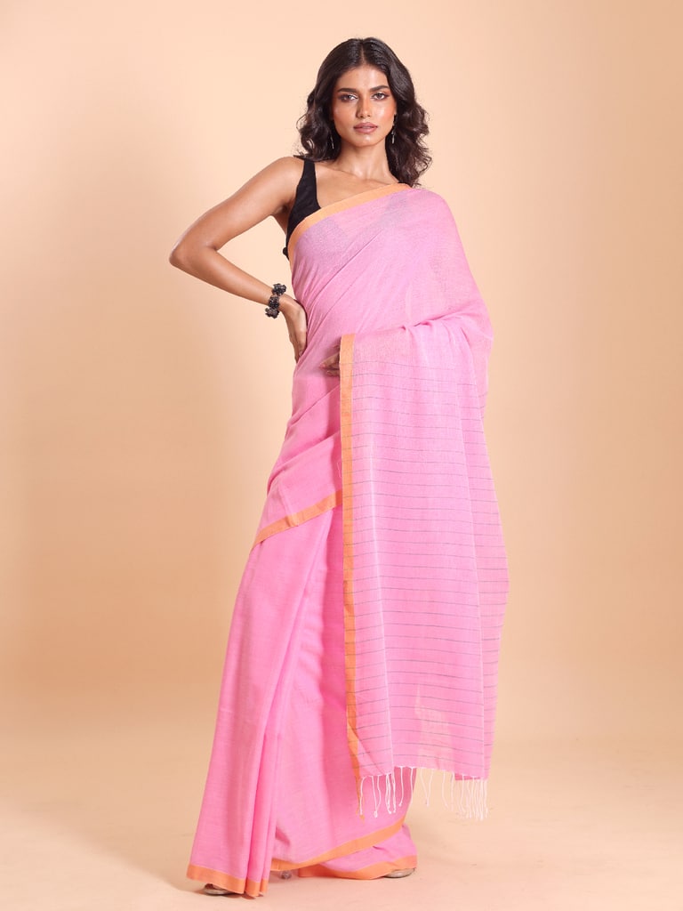Handloom Anchal Stripe Body Plain Saree - Light Pink - View 1
