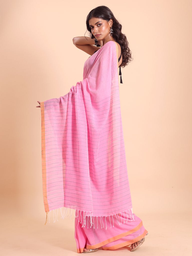 Handloom Anchal Stripe Body Plain Saree - Light Pink - View 2