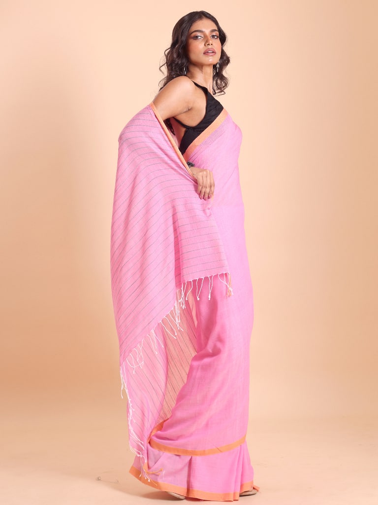Handloom Anchal Stripe Body Plain Saree - Light Pink - Thumbnail 3