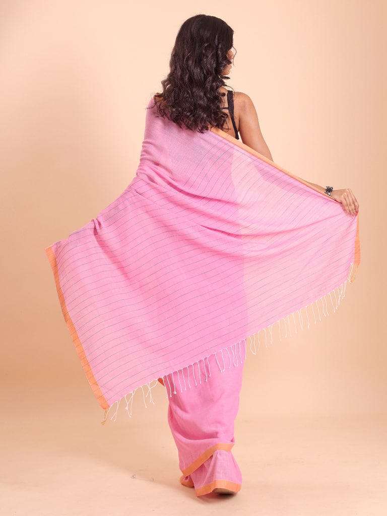 Handloom Anchal Stripe Body Plain Saree - Light Pink - Thumbnail 4