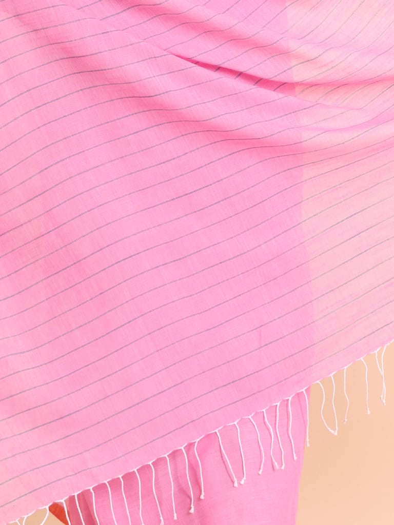 Handloom Anchal Stripe Body Plain Saree - Light Pink - Thumbnail 5