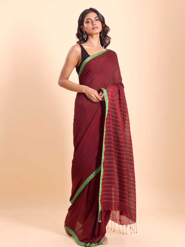 Handloom Anchal Stripe Body Plain Saree - Maroon - View 2