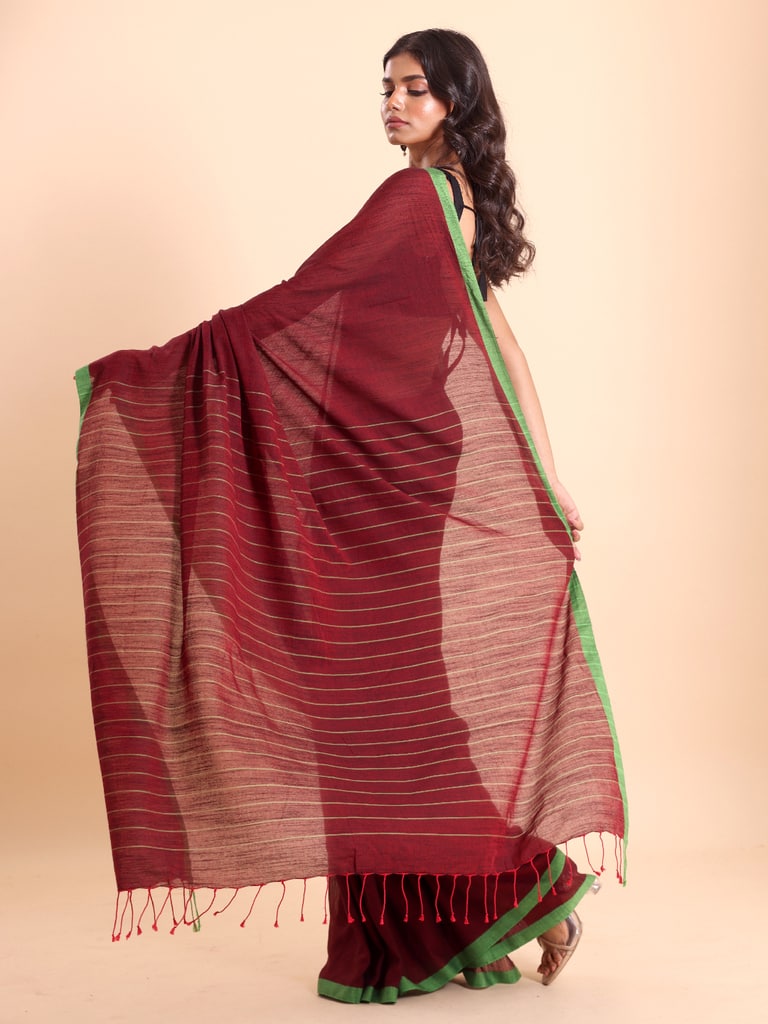 Handloom Anchal Stripe Body Plain Saree - Maroon - Thumbnail 3