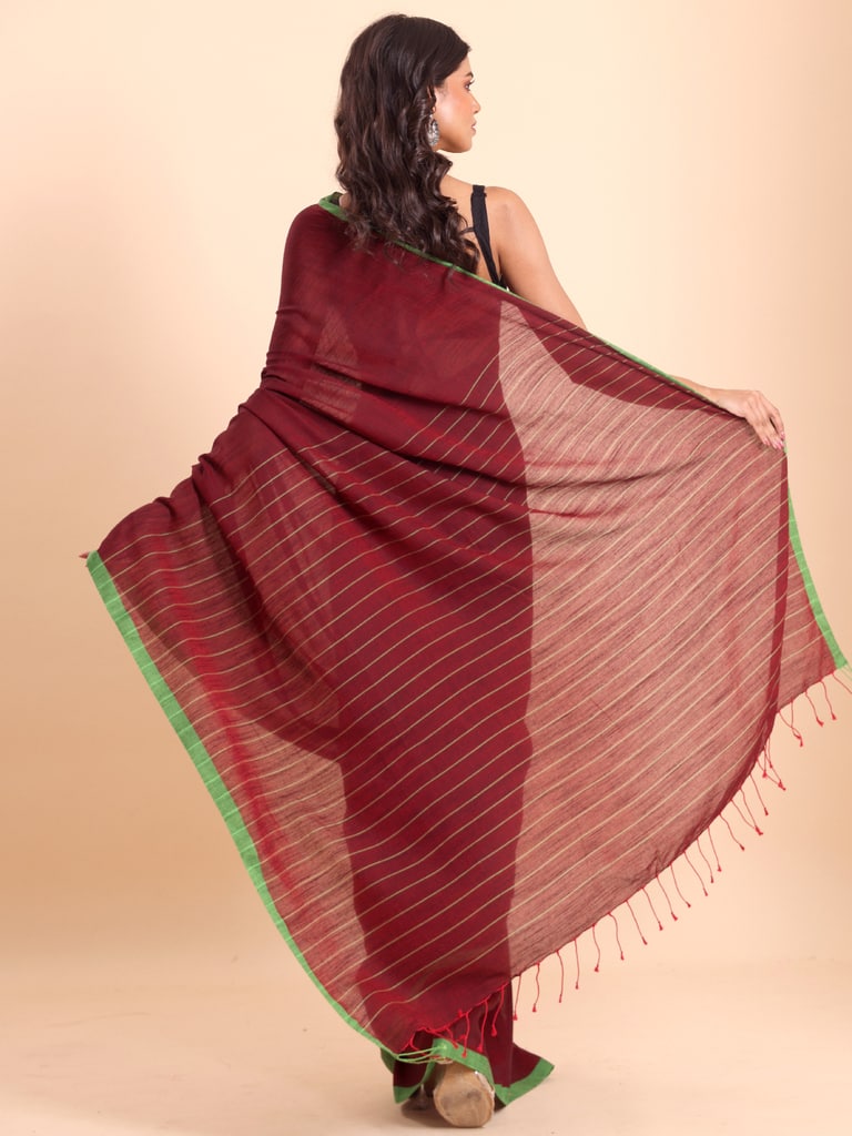 Handloom Anchal Stripe Body Plain Saree - Maroon - Thumbnail 4