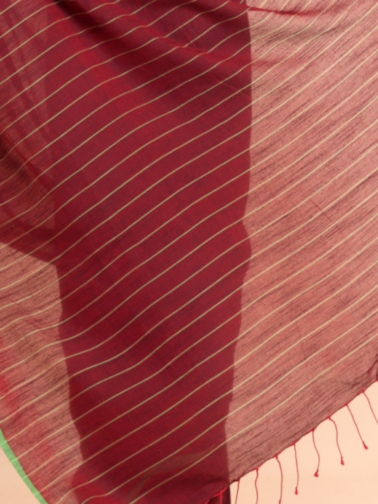 Handloom Anchal Stripe Body Plain Saree - Maroon - Thumbnail 5