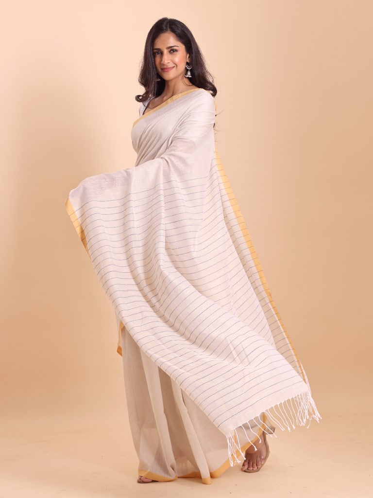 Handloom Anchal Stripe Body Plain Saree - Off White - View 1