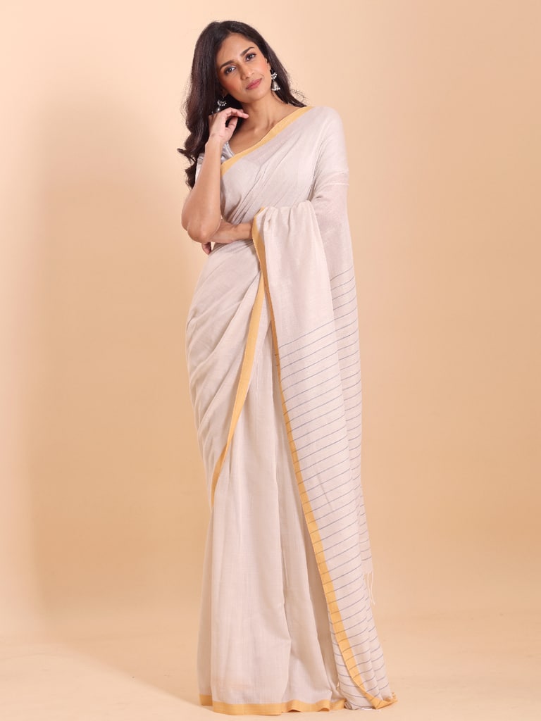 Handloom Anchal Stripe Body Plain Saree - Off White - View 2