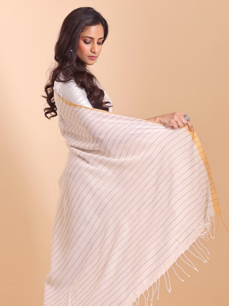 Handloom Anchal Stripe Body Plain Saree - Off White - Thumbnail 3