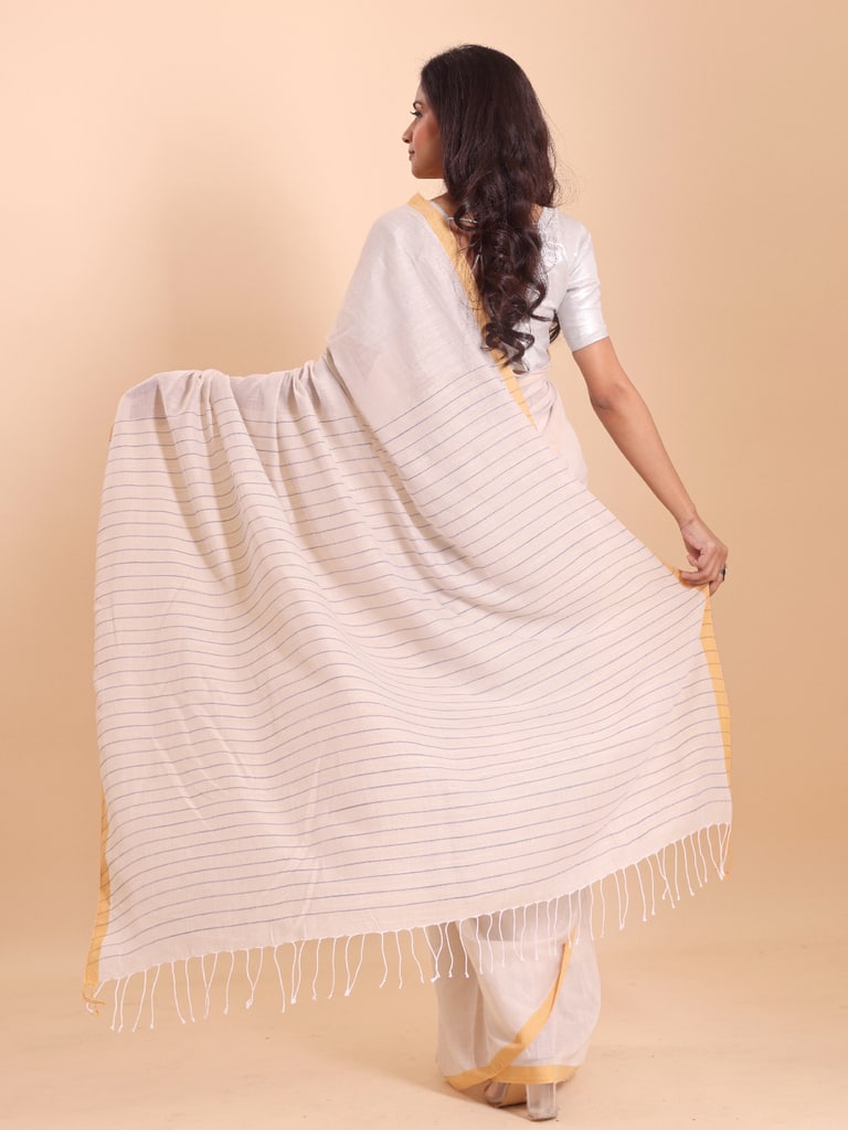 Handloom Anchal Stripe Body Plain Saree - Off White - Thumbnail 4