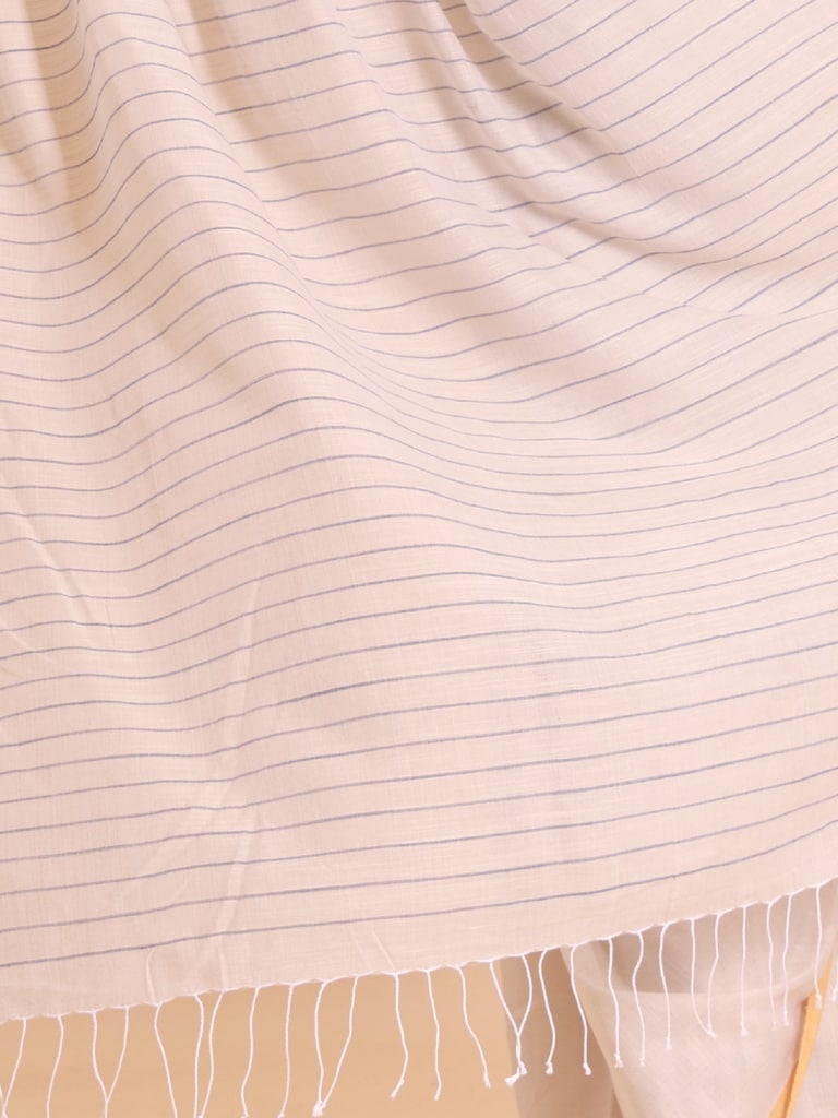 Handloom Anchal Stripe Body Plain Saree - Off White - Thumbnail 5