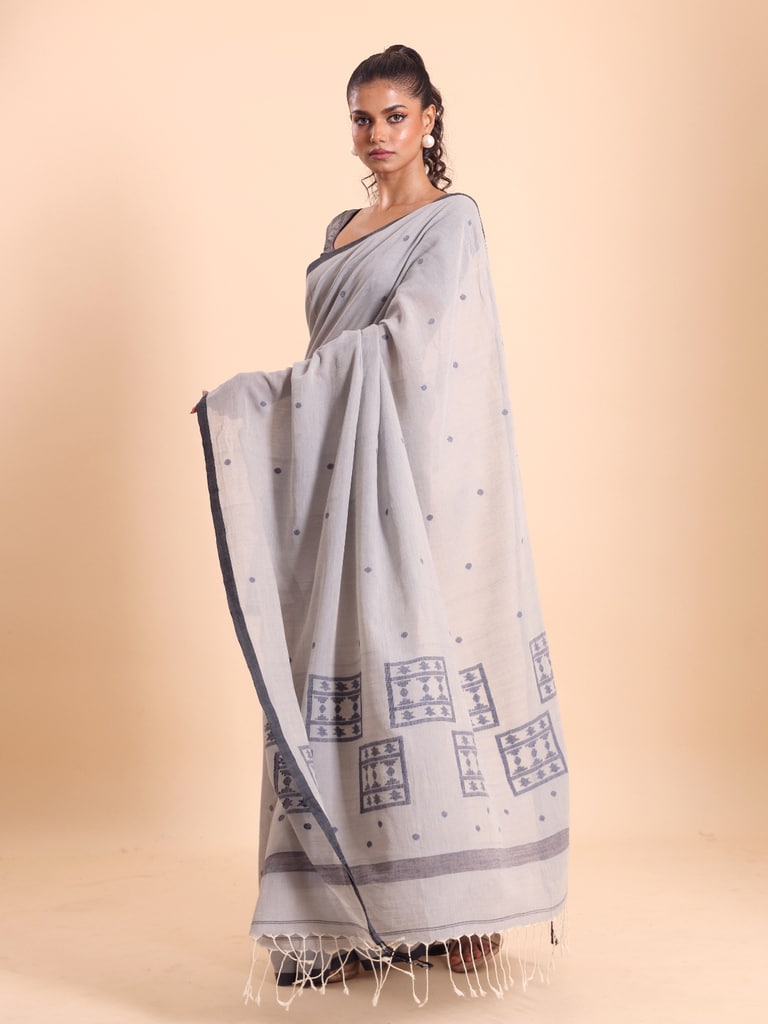 Handloom Starbox Jamdani Saree - Grey - View 1