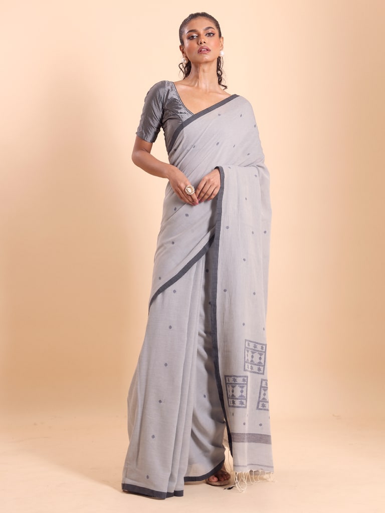 Handloom Starbox Jamdani Saree - Grey - View 2