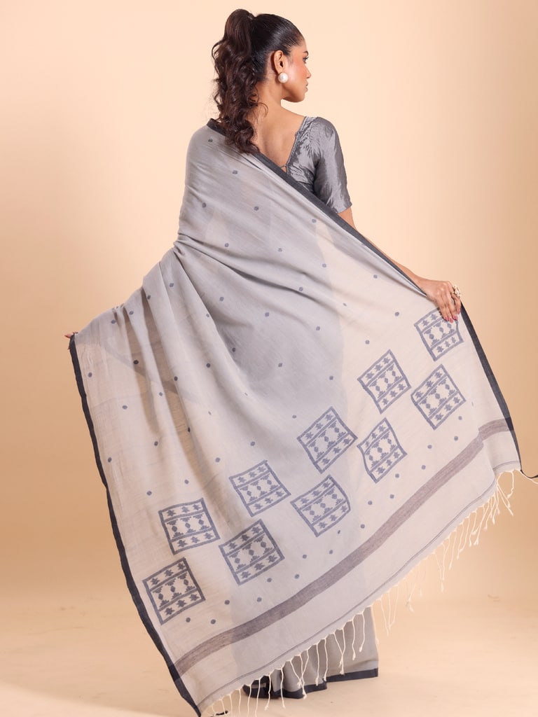 Handloom Starbox Jamdani Saree - Grey - Thumbnail 4