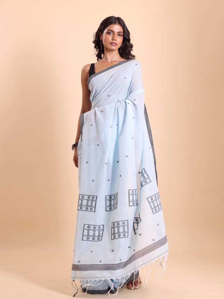 Handloom Starbox Jamdani Saree - Powder Blue - View 1