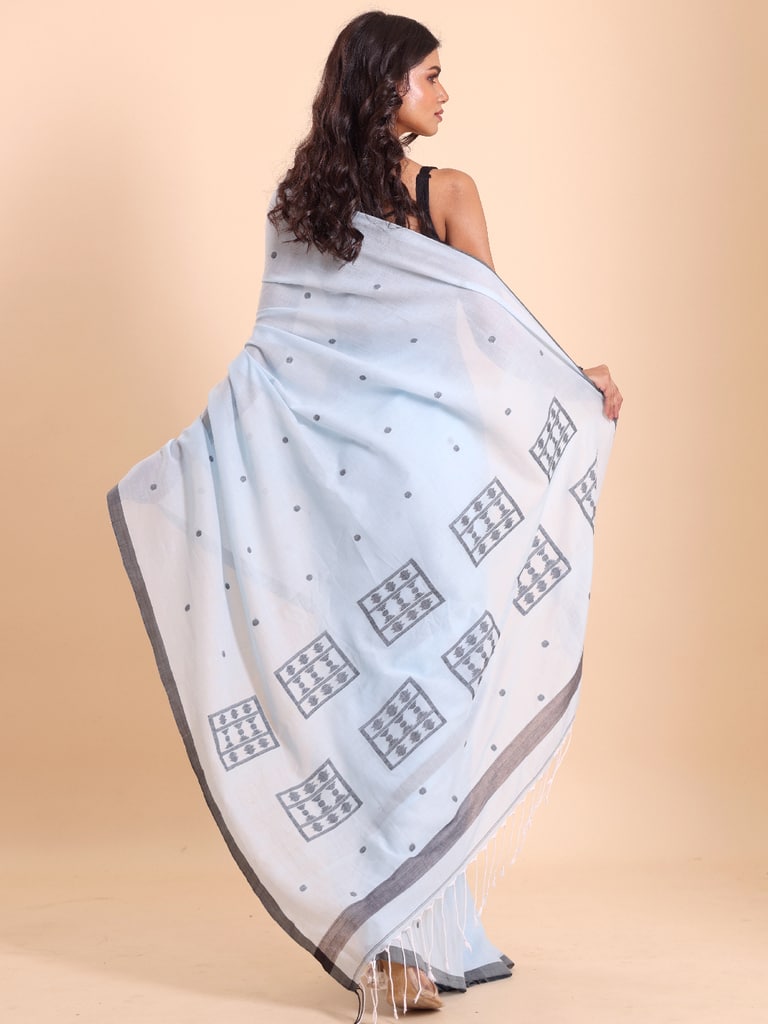 Handloom Starbox Jamdani Saree - Powder Blue - Thumbnail 4