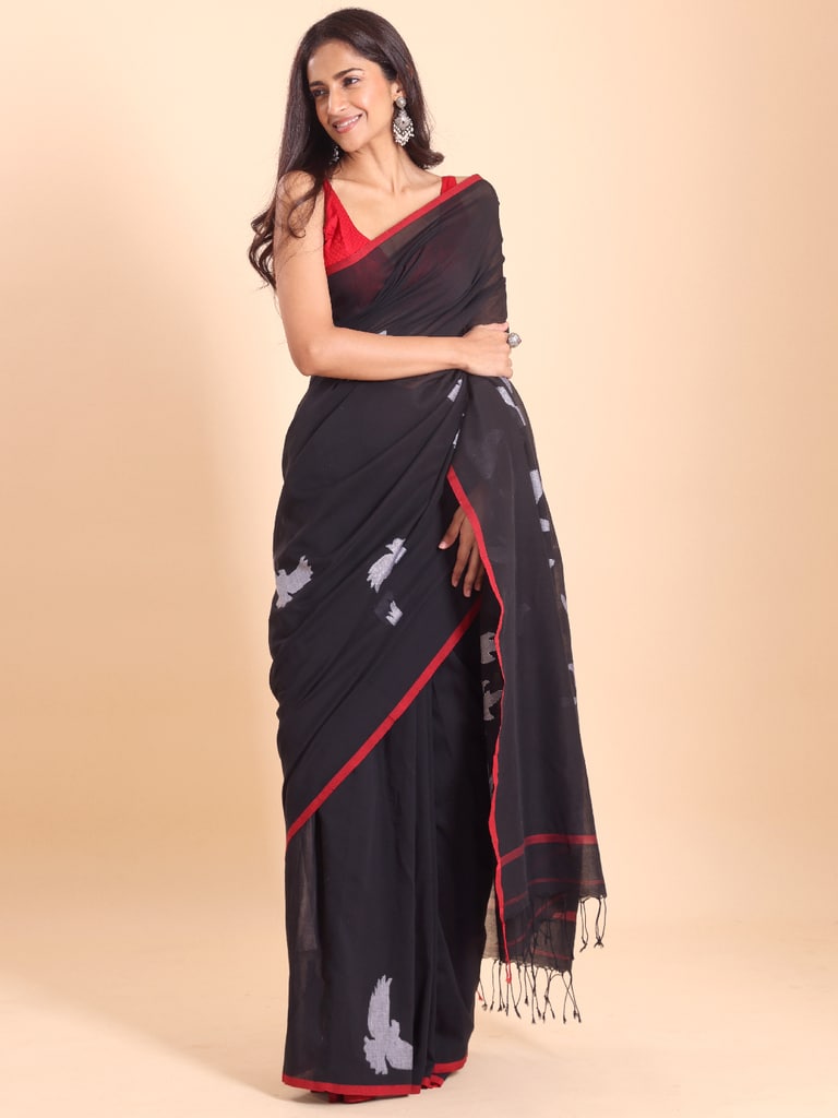 Handloom Cotton Happy Bird Jamdani Saree - Black - View 1