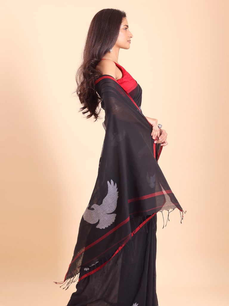 Handloom Cotton Happy Bird Jamdani Saree - Black - Thumbnail 3