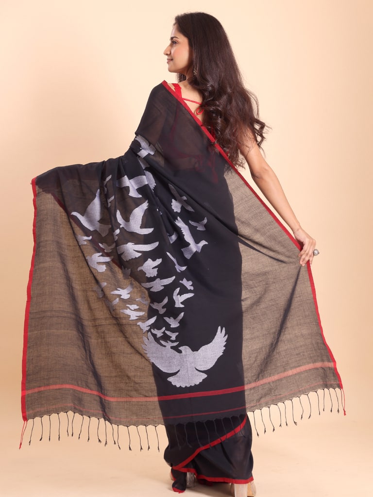 Handloom Cotton Happy Bird Jamdani Saree - Black - Thumbnail 4