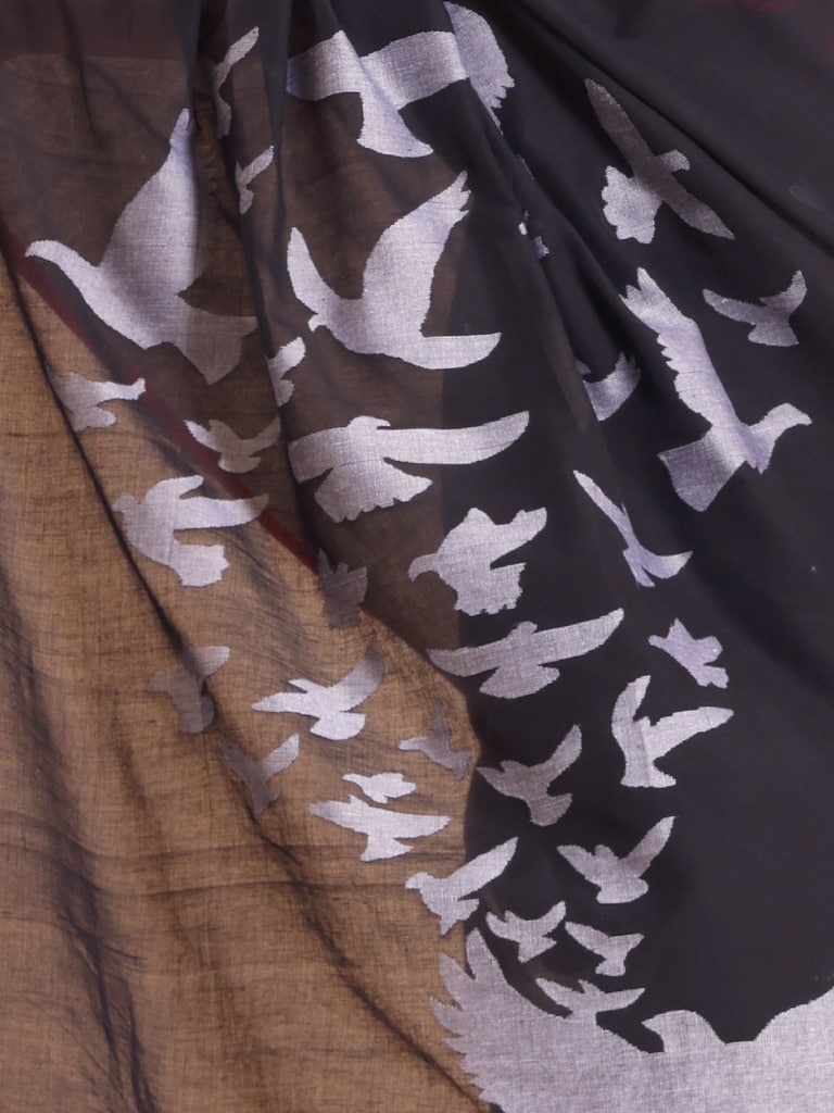 Handloom Cotton Happy Bird Jamdani Saree - Black - Thumbnail 5