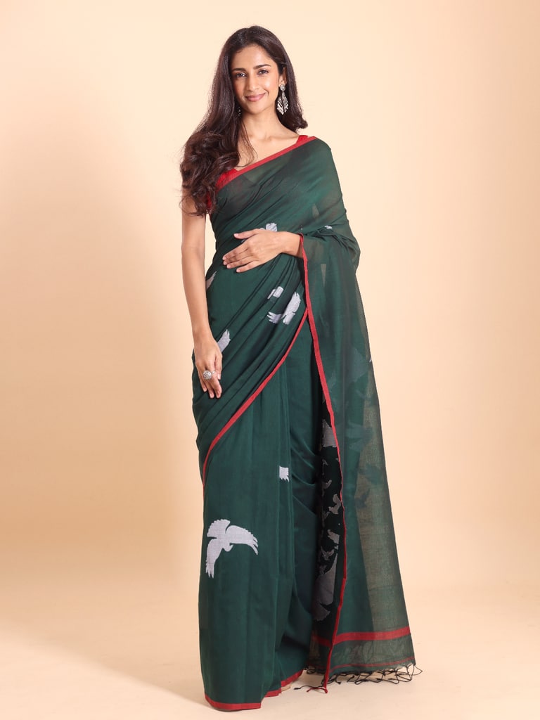 Handloom Cotton Happy Bird Jamdani Saree - Bottle Green - View 1