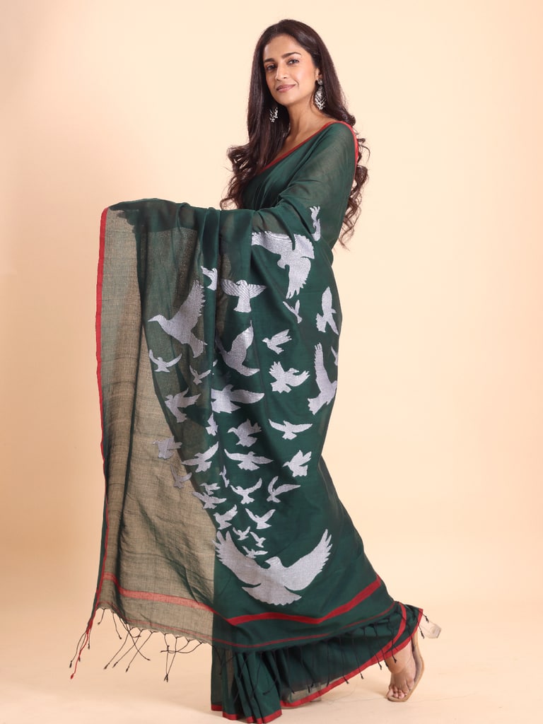 Handloom Cotton Happy Bird Jamdani Saree - Bottle Green - View 2