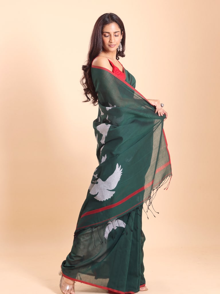 Handloom Cotton Happy Bird Jamdani Saree - Bottle Green - Thumbnail 3