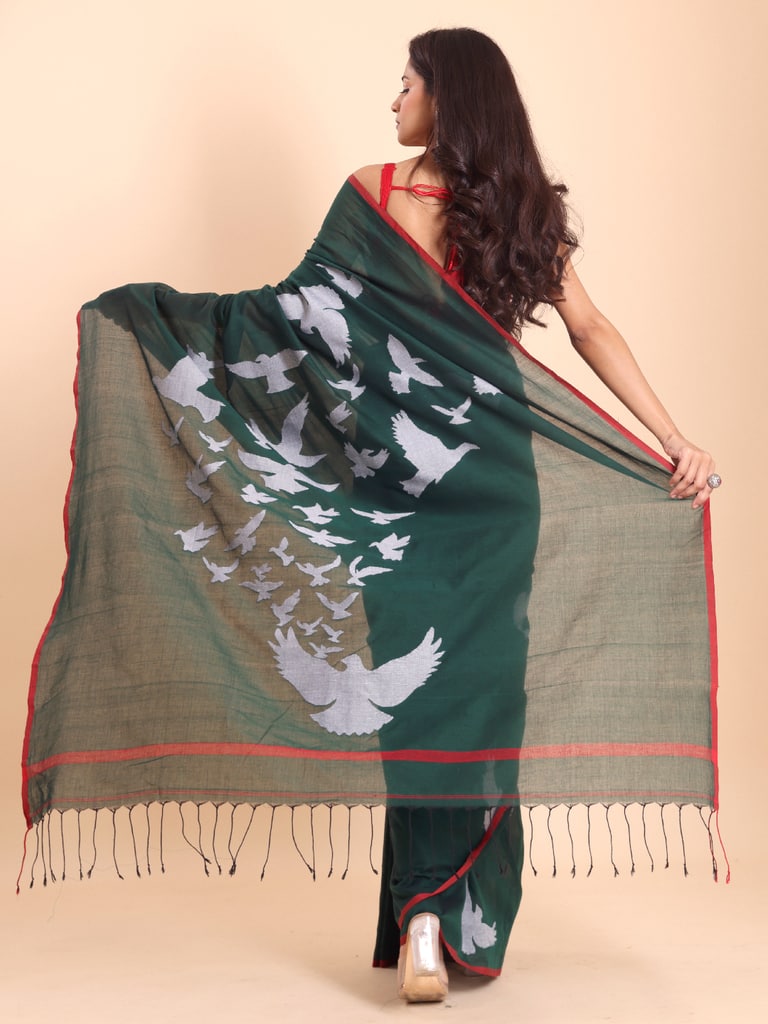 Handloom Cotton Happy Bird Jamdani Saree - Bottle Green - Thumbnail 4