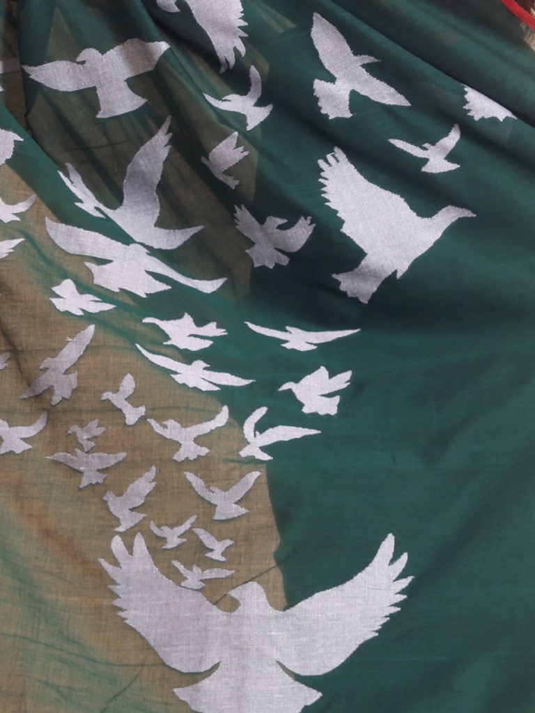Handloom Cotton Happy Bird Jamdani Saree - Bottle Green - Thumbnail 5