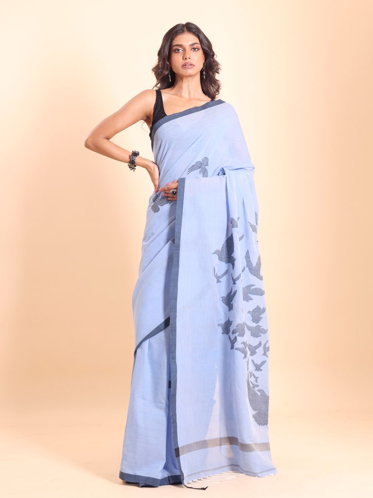 Handloom Cotton Happy Bird Jamdani Saree - Glass Blue - View 1