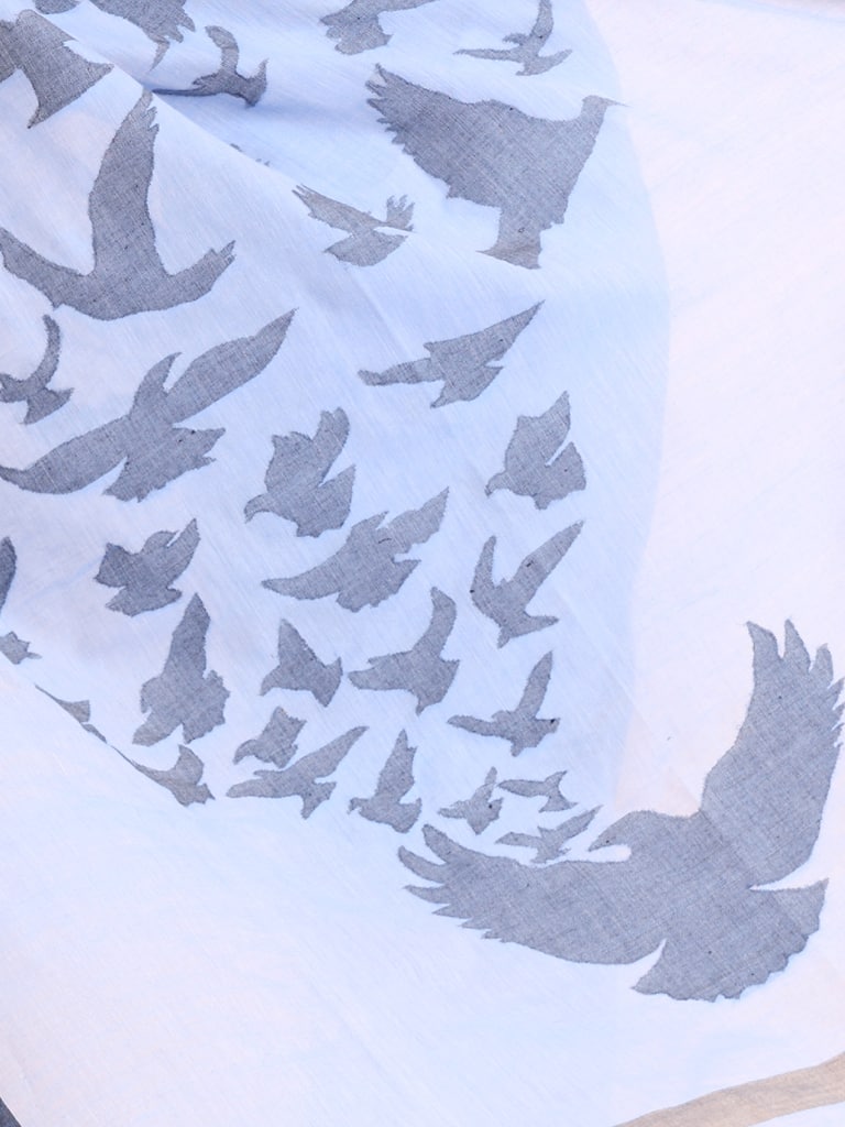 Handloom Cotton Happy Bird Jamdani Saree - Glass Blue - Thumbnail 5