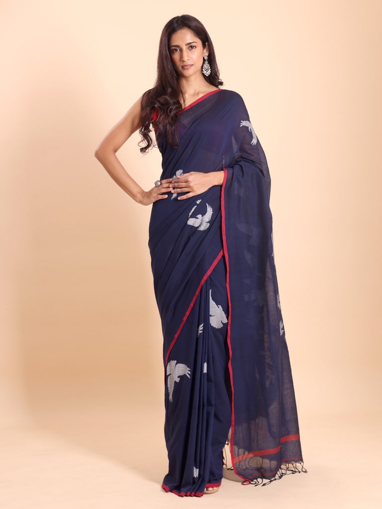 Handloom Cotton Happy Bird Jamdani Saree - Navy - View 1