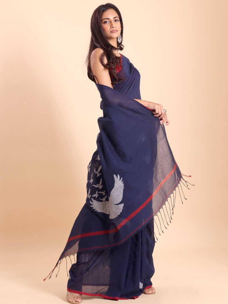 Handloom Cotton Happy Bird Jamdani Saree - Navy - Thumbnail 3