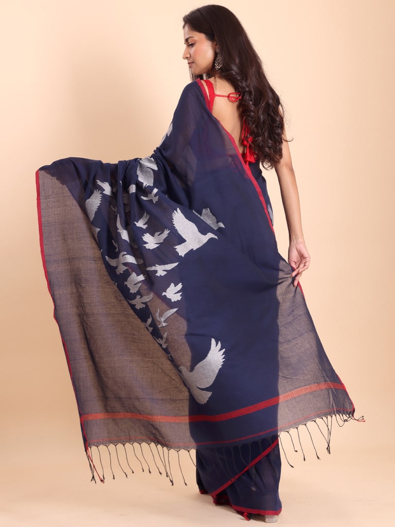 Handloom Cotton Happy Bird Jamdani Saree - Navy - Thumbnail 4