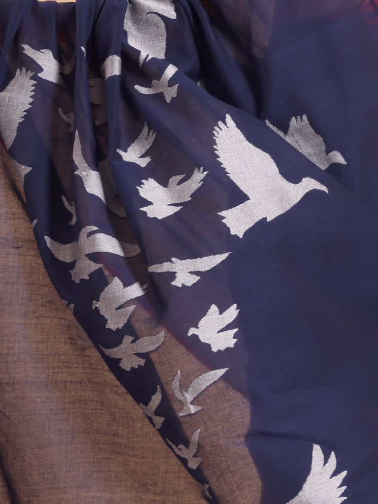 Handloom Cotton Happy Bird Jamdani Saree - Navy - Thumbnail 5