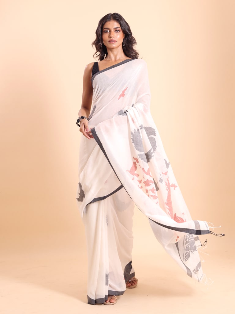 Handloom Cotton Happy Bird Jamdani Saree - Off White - Thumbnail 3