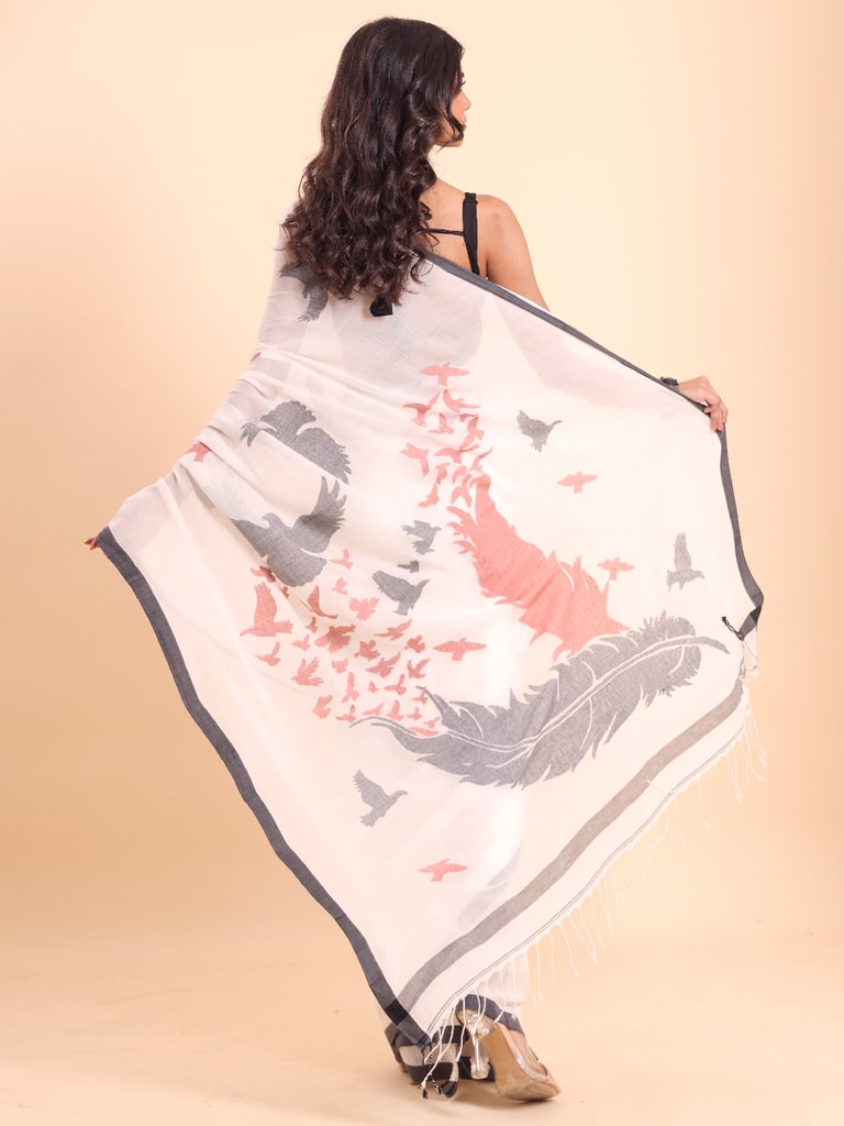 Handloom Cotton Happy Bird Jamdani Saree - Off White - Thumbnail 4