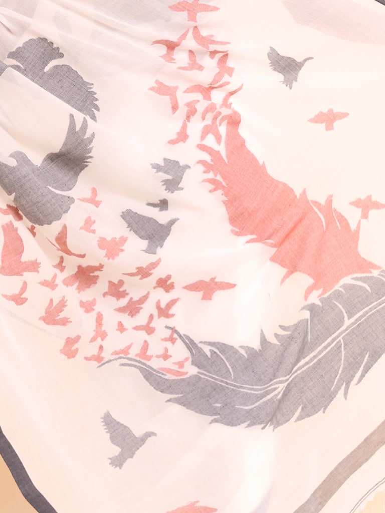 Handloom Cotton Happy Bird Jamdani Saree - Off White - Thumbnail 5