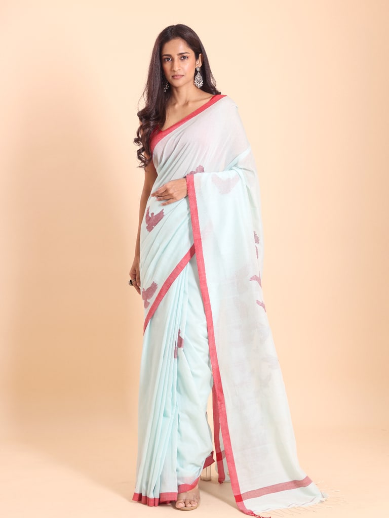 Handloom Cotton Happy Bird Jamdani Saree - Powder Blue - View 1