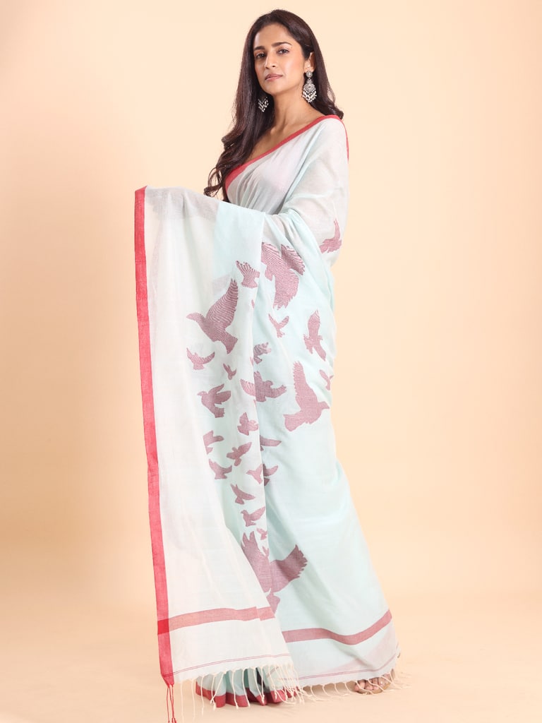 Handloom Cotton Happy Bird Jamdani Saree - Powder Blue - View 2
