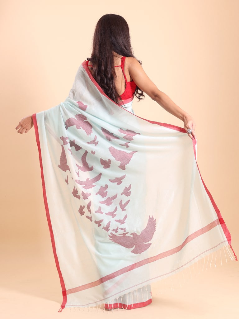 Handloom Cotton Happy Bird Jamdani Saree - Powder Blue - Thumbnail 4