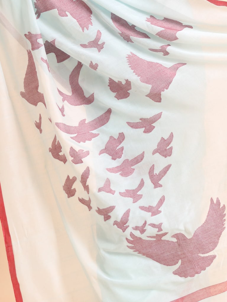 Handloom Cotton Happy Bird Jamdani Saree - Powder Blue - Thumbnail 5
