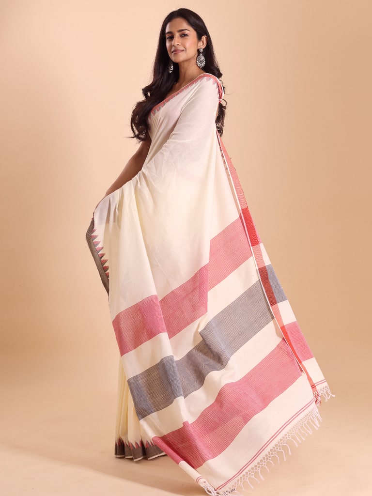 Handloom Cotton Dat Par Saree - Cream - View 1