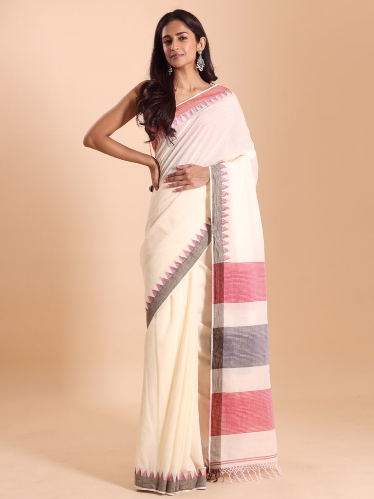 Handloom Cotton Dat Par Saree - Cream - View 2