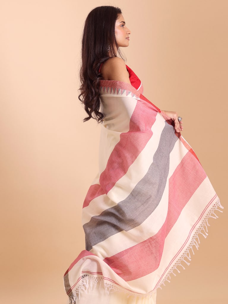 Handloom Cotton Dat Par Saree - Cream - Thumbnail 3