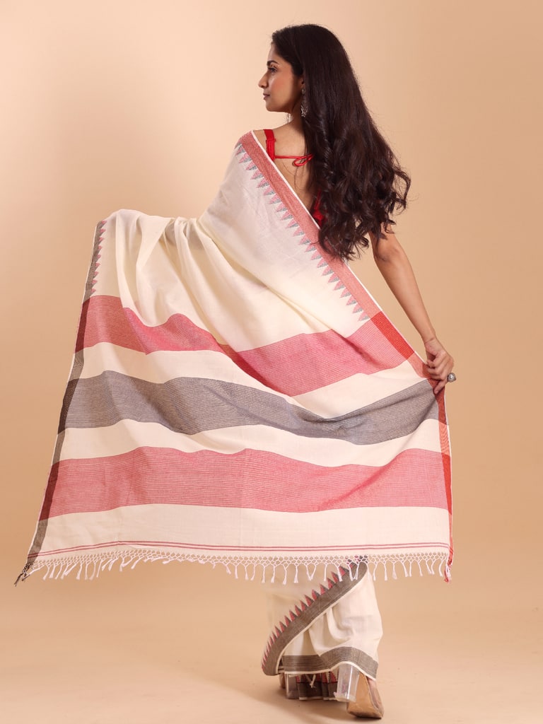 Handloom Cotton Dat Par Saree - Cream - Thumbnail 4