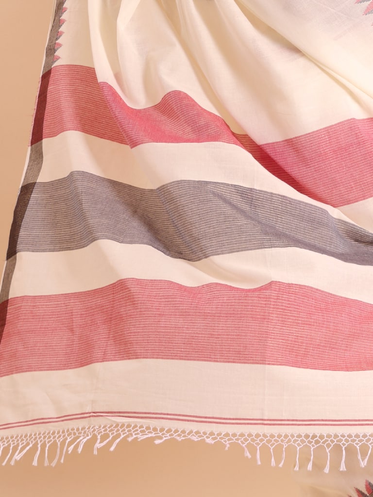 Handloom Cotton Dat Par Saree - Cream - Thumbnail 5