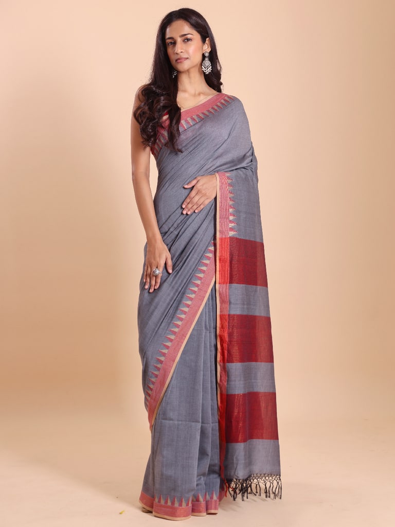 Handloom Cotton Dat Par Saree - Grey - View 1